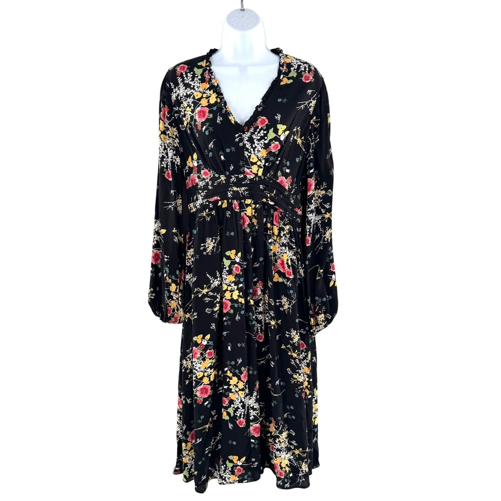 By TiMo Floral Print V Neck Midi Dress‎ Black Pink Yellow Size L Balloon Sleeve